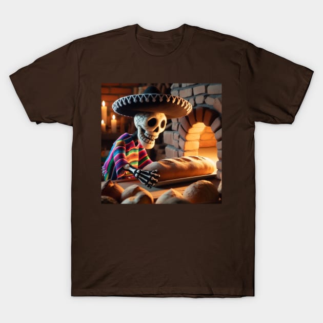 Mexican skeleton baking bread T-Shirt by Dr Popet Lab